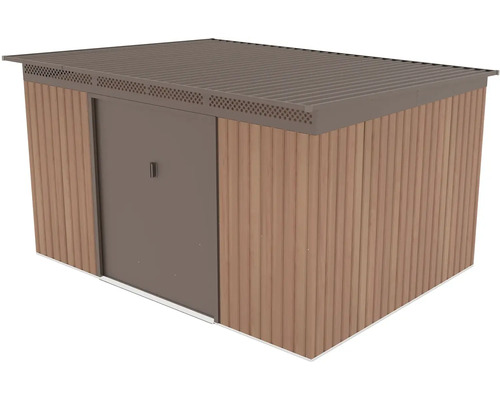 Kovový záhradný domček vo vzhľade dreva s plochou strechou a posuvnými dverami.