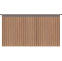 Stenový panel pre záhradný domček s dreveným vzhľadom, vertikálnymi kovovými profilmi a hornou lištou.