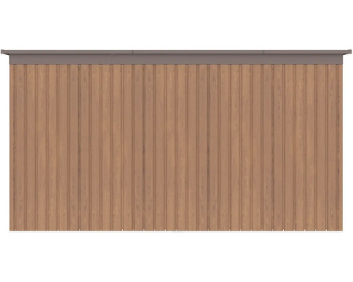 Stenový panel pre záhradný domček s dreveným vzhľadom, vertikálnymi kovovými profilmi a hornou lištou.