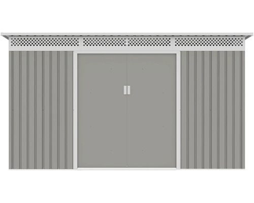 Sivý kovový záhradný domček s bielymi dvojkrídlovými dverami, vertikálnym vlnitým profilom a vetracou mriežkou v hornej časti.