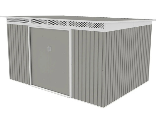 Šedý kovový záhradný domček s pultovou strechou, vetracím pásom a dvojitými posuvnými dverami.