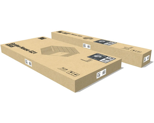 Dve kartónové krabice záhradného domčeka G21 GRAH, označené ako balík jedna z dvoch a balík dva z dvoch.