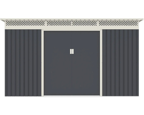 Kovový záhradný domček v antracitovej farbe s dvojitými posuvnými dverami a vetracou mriežkou.