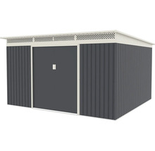 Kovový záhradný domček s plochou strechou, posuvnými dverami a integrovanými vetracími otvormi.