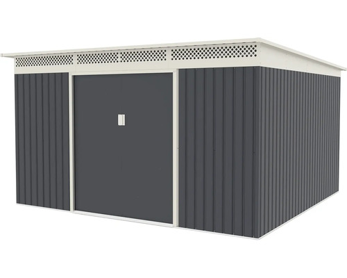 Kovový záhradný domček s plochou strechou, posuvnými dverami a integrovanými vetracími otvormi.