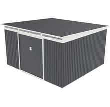 Kovový záhradný domček v antracitovej farbe s pultovou strechou, bielym lemovaním a vetracími otvormi.