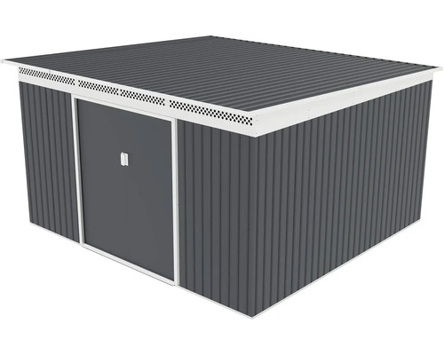 Kovový záhradný domček v antracitovej farbe s pultovou strechou, bielym lemovaním a vetracími otvormi.