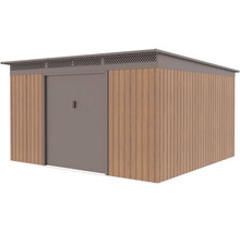 Moderný kovový záhradný domček s dreveným vzhľadom, plochou strechou a širokými posuvnými dverami.
