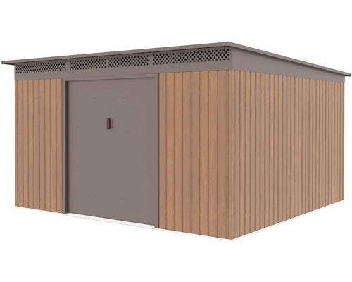 Moderný kovový záhradný domček s dreveným vzhľadom, plochou strechou a širokými posuvnými dverami.