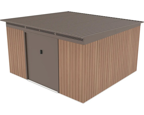 Kovový záhradný domček s pultovou strechou, panely so vzhľadom dreva a vetracími otvormi.