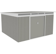 Kovový záhradný domček v sivej farbe s pultovou strechou a dvojitými posuvnými dverami.