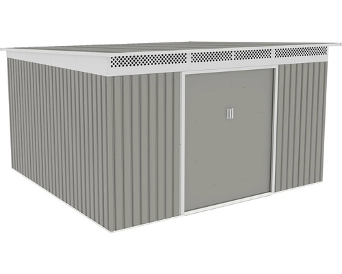 Kovový záhradný domček v sivej farbe s pultovou strechou a dvojitými posuvnými dverami.