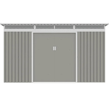 Kovový záhradný domček s dvojkrídlovými dverami, stenami z vlnitého plechu a vetracími otvormi.