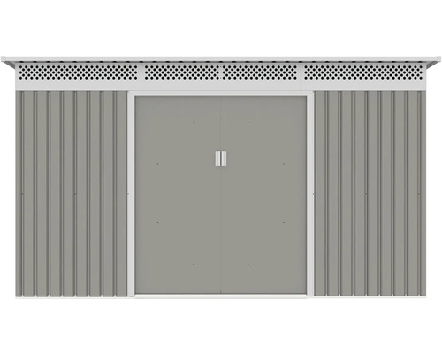 Kovový záhradný domček s dvojkrídlovými dverami, stenami z vlnitého plechu a vetracími otvormi.