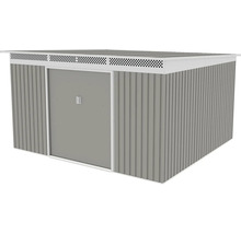 Šedý kovový záhradný domček s plochou strechou, bielymi prvkami, dvojkrídlovými dverami a vetracími otvormi.