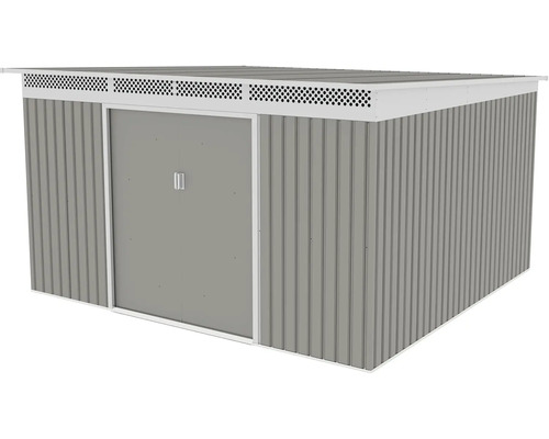 Šedý kovový záhradný domček s plochou strechou, bielymi prvkami, dvojkrídlovými dverami a vetracími otvormi.