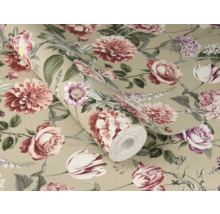 Vliesová tapeta s kvetinovým vzorom ruží a dálií v rôznych odtieňoch na béžovom podklade.