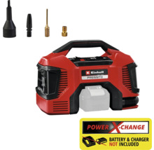 Akumulátorový kompresor Einhell PRESSITO s rôznymi adaptérmi a upozornením Power X-Change