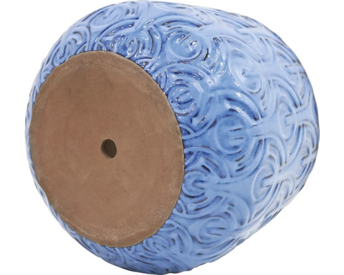 Modrý kvetináč so vzorom a otvorom v dne