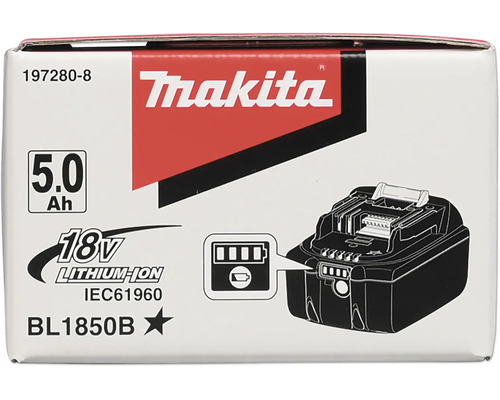 Obal pre Lítium-iónový akumulátor Makita 18 Voltov 5,0 Ampérhodín model BL1850B s indikátorom nabitia a Makita Logo.