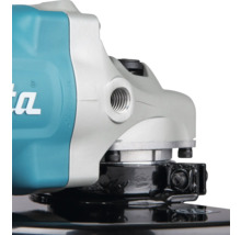 Hlava prevodovky uhlovej brúsky Makita so závitom pre prídavnú rukoväť a čiernym ochranným krytom.