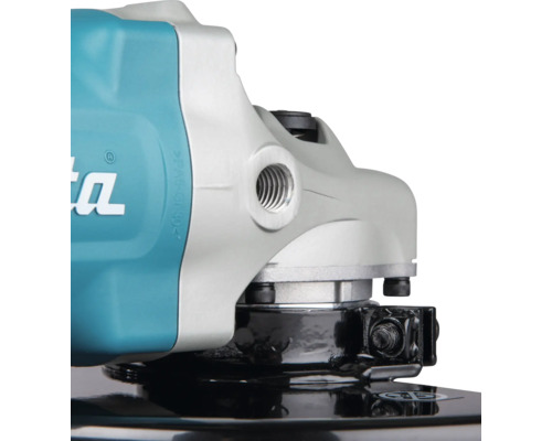 Hlava prevodovky uhlovej brúsky Makita so závitom pre prídavnú rukoväť a čiernym ochranným krytom.