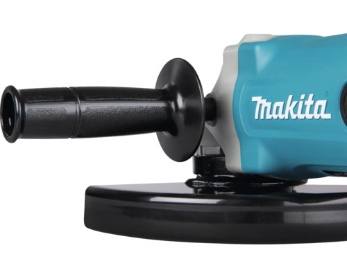 Uhlová brúska Makita s bočnou rukoväťou a ochranným krytom. Makita Logo na kryte.