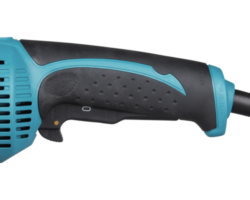 Ergonomická rukoväť elektrického náradia v azúrovej a čiernej farbe so štruktúrovaným úchopom a spúšťacím spínačom.