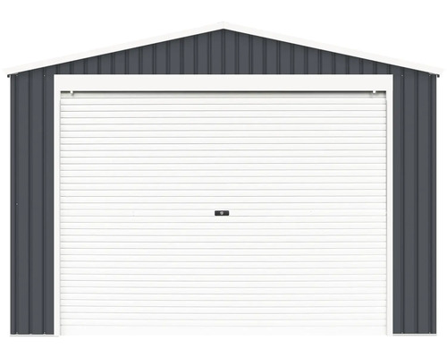Kovová garáž v antracitovej farbe so sedlovou strechou a širokou bielou rolovacou bránou.