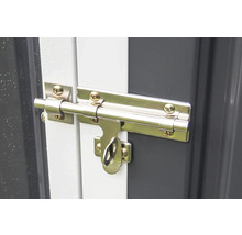 Kovová petlica so zástrčkou a očkom na visiaci zámok namontovaná na dverách záhradného domčeka.