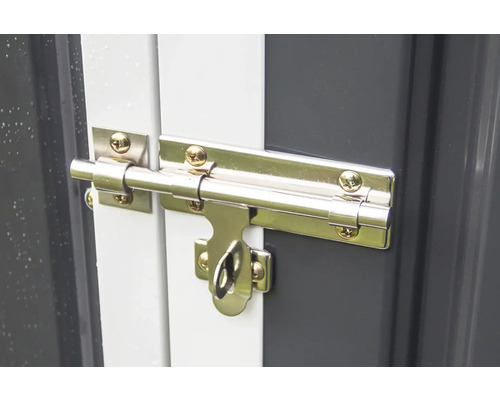 Kovová petlica so zástrčkou a očkom na visiaci zámok namontovaná na dverách záhradného domčeka.