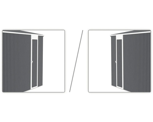 Kovový záhradný domček s vlnitým profilom, jednokrídlové dvere s možnosťou montáže vľavo alebo vpravo.