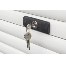 Zámok pre roletu so zasunutým kľúčom a zväzkom kľúčov.