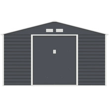 Kovový záhradný domček so sedlovou strechou, posuvnými dverami a vetracími otvormi. Antracitový s bielym lemovaním.