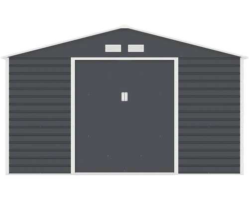 Kovový záhradný domček so sedlovou strechou, posuvnými dverami a vetracími otvormi. Antracitový s bielym lemovaním.