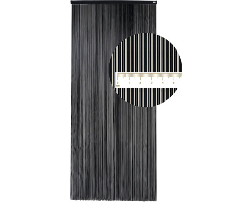 Čierny šnúrový záves s detailným záberom vlákien a meradlom.