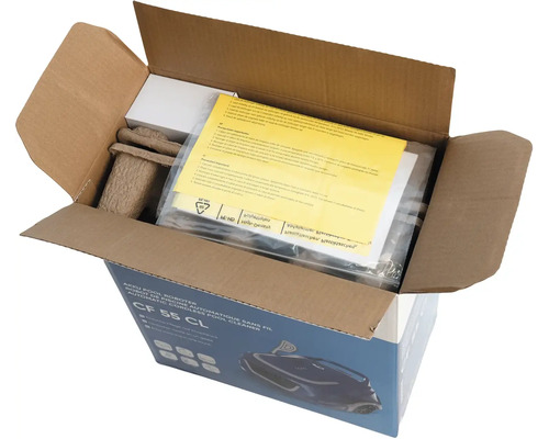 Otvorená krabica s akumulátorovým bazénovým robotom CF 55 CL a príslušenstvom