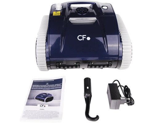 Bazénový robot s príslušenstvom ako je návod na obsluhu, hák a nabíjačka