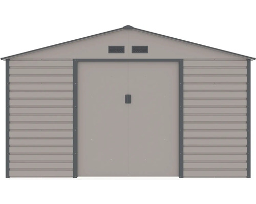 Sivý kovový záhradný domček so sedlovou strechou, dvojkrídlovými dverami a vetracími otvormi.