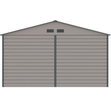 Kovový záhradný domček so sedlovou strechou, horizontálnymi panelmi a dvoma vetracími otvormi v štíte.