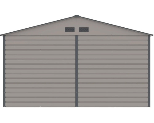 Kovový záhradný domček so sedlovou strechou, horizontálnymi panelmi a dvoma vetracími otvormi v štíte.