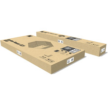 Dva kartónové obaly pre záhradný domček G21, označené ako balík jedna z dvoch a balík dva z dvoch.