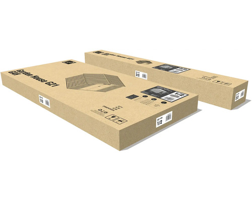 Dva kartónové obaly pre záhradný domček G21, označené ako balík jedna z dvoch a balík dva z dvoch.