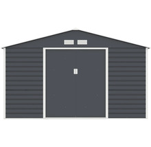Kovový záhradný domček v antracitovej farbe so sedlovou strechou, dvojitými posuvnými dverami a vetracími otvormi.