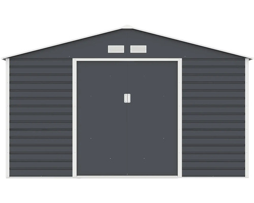 Kovový záhradný domček v antracitovej farbe so sedlovou strechou, dvojitými posuvnými dverami a vetracími otvormi.