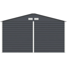 Antracitový kovový záhradný domček so sedlovou strechou, vetracími mriežkami a bielym rámom.