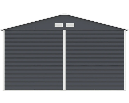 Antracitový kovový záhradný domček so sedlovou strechou, vetracími mriežkami a bielym rámom.
