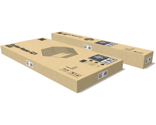 Dve kartónové krabice so záhradným domčekom G21, označené ako časť jedna z dvoch a časť dve z dvoch.