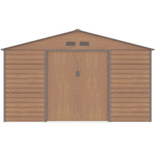 Kovový záhradný domček vo vzhľade dreva so sedlovou strechou a dvojitými posuvnými dverami.