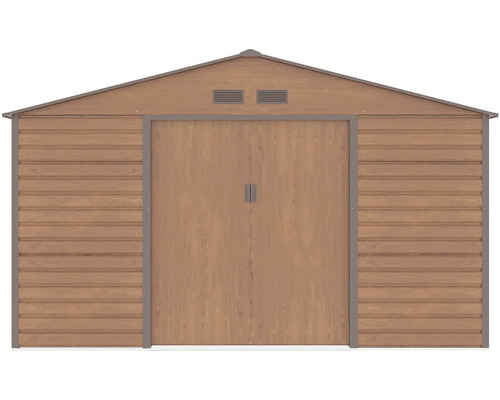 Kovový záhradný domček vo vzhľade dreva so sedlovou strechou a dvojitými posuvnými dverami.
